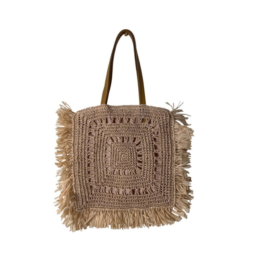 Tamara Square Tote Bag With Fringe Design & Faux Leather Straps - Blush Color